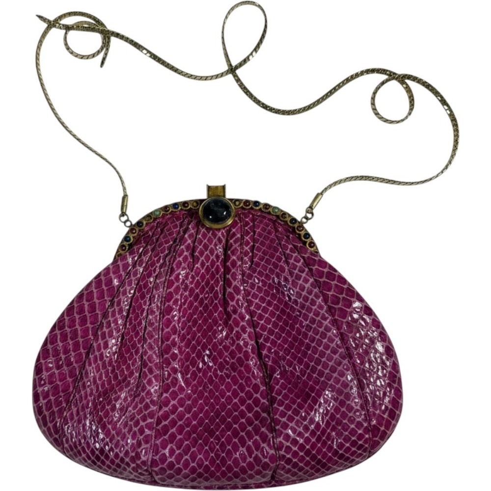 Judith Leiber Pink Snakeskin Clutch Shoulder Bag Jeweled Frame Chain Strap READ